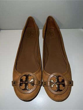 Tory Burch Cognac Suede Logo Round-Toe Ballet Flats-Size 10